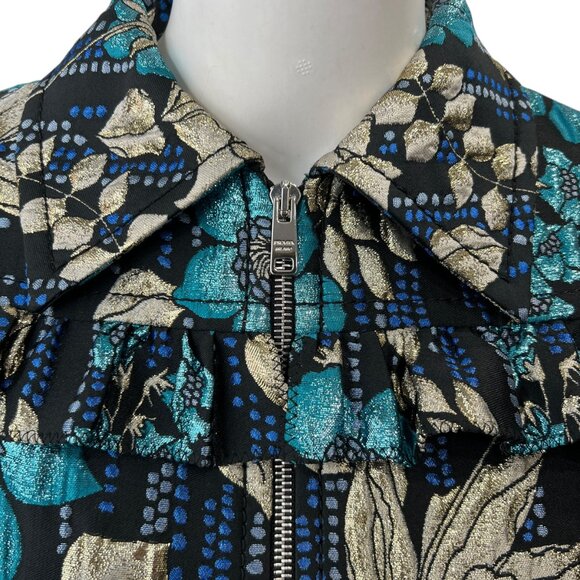 $2250 PRADA 2018 Black Embroidered Silk Floral Brocade Zip Ruffle Jacket IT 38/2 - Picture 5 of 14
